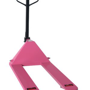 The Vestil Pink Pallet Truck 5.5K 27 X 48 features a black handlebar and two parallel forks, with a capacity of 5,500 lbs and dimensions of 27 x 48 inches. It is displayed upright against a white background for optimal pallet lifting and moving.