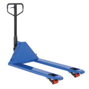 The Vestil Quick Lift Pallet Truck 5500 Lb 27 X 48 boasts a sleek blue finish, with dual forks and black handles on a white base. Its red front wheels pair with black load wheels at the fork tips for stable and efficient handling.