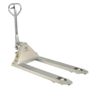The Vestil Zinc Coated Pallet Truck 5.5K 27X48, with its sturdy metal frame and long forks, features a silver finish and easily maneuvers using the handle and base wheels. It supports up to 5500 LBS and displays the CE label prominently against a clean white background.