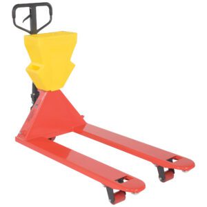 The Vestil Red Pallet Truck 5.5K 27 X 48 Yellow P-Caddy features forks with a P-Caddy weight scale, upright handle, and visible base wheels for efficient pallet moving and weighing.