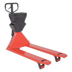 The Vestil Red Pallet Truck 5.5K 27 X 48 Black P-Caddy features a black control unit, forward-extended forks for enhanced reach on a 27 x 48 platform, and small wheels for easy maneuverability and precise steering in handling tasks.