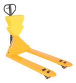 The Vestil Yellow Pallet Truck 5.5K, measuring 27 x 48 and featuring a black handle, extended forks, and black wheels, is perfect for warehouses. It efficiently moves pallets and includes the convenient Yellow P-Caddy accessory.