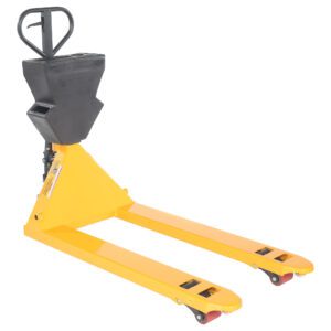 The Vestil Yellow Pallet Truck 5.5K 27 X 48 Black P-Caddy, with a sturdy base and extended forks, is ideal for moving heavy pallets in warehouses and shipping areas.