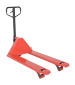 The Vestil Full Featured Pallet Truck 5.5K 27 X 48 has a sleek design, red manual pallet jack, and black handle. Its forks easily slide under pallets with small front wheels for easy maneuvering, ready to handle heavy loads effortlessly.