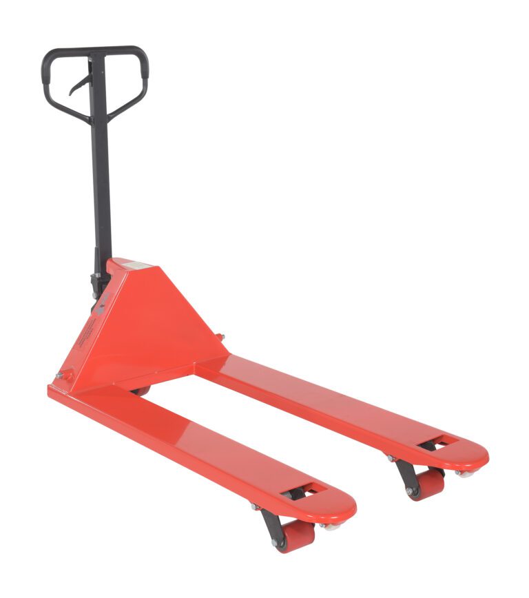 The Vestil Full Featured Pallet Truck 5.5K 27 X 48 has a sleek design, red manual pallet jack, and black handle. Its forks easily slide under pallets with small front wheels for easy maneuvering, ready to handle heavy loads effortlessly.