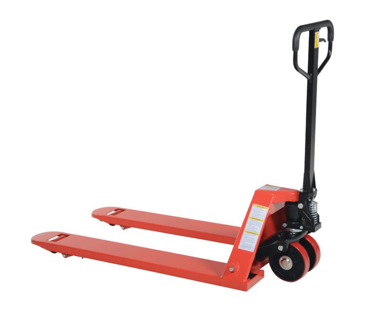 A red Vestil Full Featured Pallet Truck 6K 27 X 48 with a black handle is shown diagonally in the image. It has two forks, small wheels for maneuvering palettes, and a visible hydraulic system near the handle.