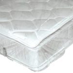 A close-up of a mattress wrapped in MH-USA Mattress Bags, showcasing its quilted top and stitching. The clear plastic highlights the white mattresss intricate design and texture, providing protection while maintaining visibility.