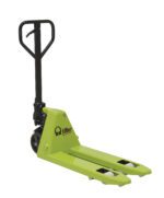 The Vestil Pramac Mini Hand Pallet Truck 16X32, with its green finish and black handle, stands sleekly against a white background.