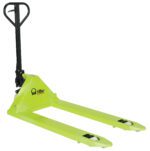 The Vestil Pramac Hand Pallet Truck 26.7X45.2 Nylon features a green frame with Lifter by Pramac, and a black handle, ideal for moving heavy loads smoothly with its nylon prongs and small wheels.