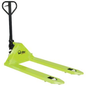 The Vestil Pramac Hand Pallet Truck 26.7X45.2 Nylon features a green frame with Lifter by Pramac, and a black handle, ideal for moving heavy loads smoothly with its nylon prongs and small wheels.