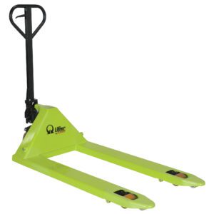 The lime green Vestil Pramac Hand Pallet Truck 26.5 X 44.5 Poly features a black handle, Lifter branding, and two wheeled forks for efficient pallet movement.