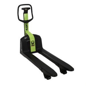 The Vestil Pramac I-Ton Pallet Truck features a green and black color scheme with ergonomic black handle grips. Its long forks efficiently lift pallets, while the Pramac logo stands out on the lifting mechanism, combining style and function.
