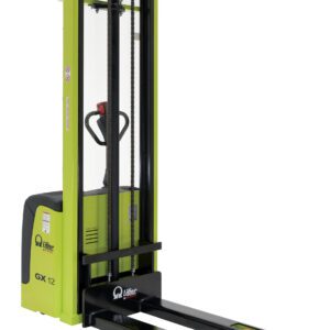 A green and black Vestil Pramac Fork Over DC Stacker 22 X 45 with Lifter branding features a tall mast and two extended horizontal forks, perfect for lifting and moving pallets efficiently.