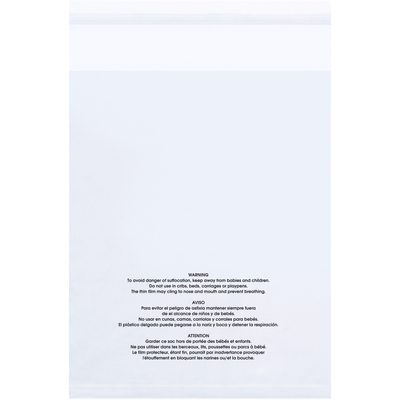 PMR142015100.jpg The MH-USA 14 x 20 - 1.5 Mil Resealable Poly Bags (100 Pack) are clear and feature a multilingual suffocation warning; the secure top closure ensures safety by advising to keep away from babies and children.