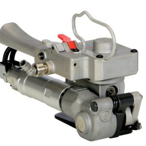 The Vestil Pneumatic Polypropylene Strap Sealer, with its robust metallic body, handle, levers, and knobs, expertly secures straps around packages against a pristine white background.