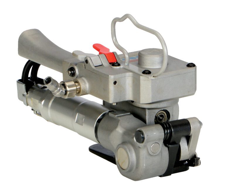 The Vestil Pneumatic Polypropylene Strap Sealer, with its robust metallic body, handle, levers, and knobs, expertly secures straps around packages against a pristine white background.