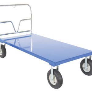 The blue Vestil Pneumatic Tire Platform Cart 36 X 72 has a flatbed, sturdy black wheels, and a metal handlebar. Built for heavy-duty transport, it includes four wheels for stability and an end handle for easy maneuverability.
