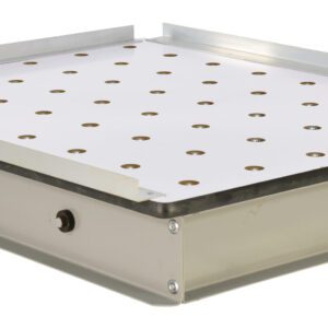The Vestil Pop-Up Ball Transfer Platform 40 X 48 is a sleek, rectangular metallic surface with a white top featuring evenly spaced holes, raised metal edges on two sides, and a smooth metallic base for support.