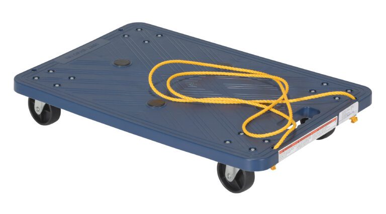 POS-1624-ROPE_A.jpg The blue Vestil Plastic Dolly W/Pull Rope features a 24x16-inch rectangular design with four black caster wheels, a yellow rope handle, textured platform with ridges and grip pads, and safety instructions on one side.
