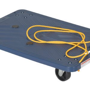 The blue Vestil Plastic Dolly W/Pull Rope features a 24x16-inch rectangular design with four black caster wheels, a yellow rope handle, textured platform with ridges and grip pads, and safety instructions on one side.