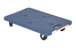 The Vestil Plastic Dolly 24 x 16 in is a versatile blue dolly with four black wheels, featuring a textured surface, built-in handle, recessed circles, and an instructional sticker on its edge. It supports up to 220 lbs.