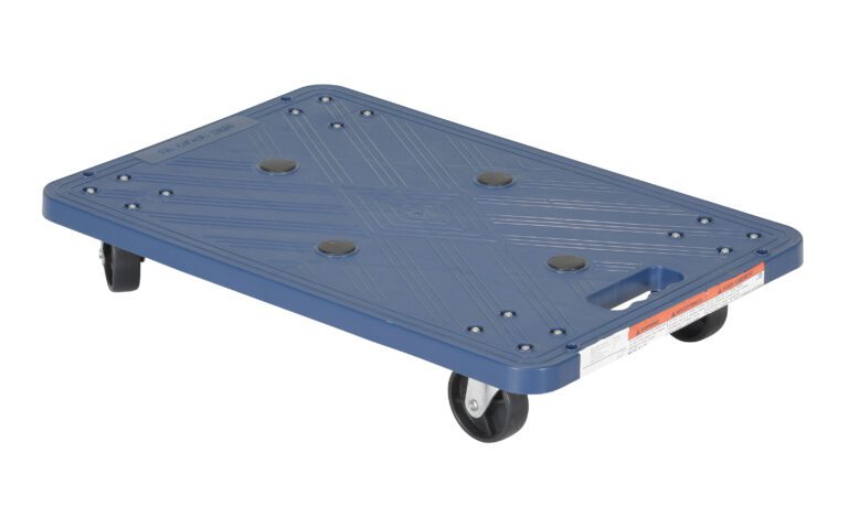 POS-1624_A.jpg The Vestil Plastic Dolly 24 x 16 in is a versatile blue dolly with four black wheels, featuring a textured surface, built-in handle, recessed circles, and an instructional sticker on its edge. It supports up to 220 lbs.