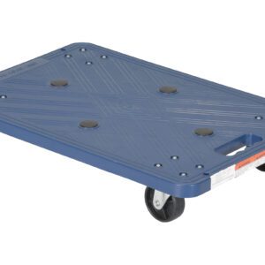 The Vestil Plastic Dolly 24 x 16 in is a versatile blue dolly with four black wheels, featuring a textured surface, built-in handle, recessed circles, and an instructional sticker on its edge. It supports up to 220 lbs.