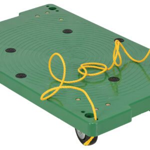 The Vestil Plastic Dolly W/Pull Rope 30X18 In 500Lb features a green surface with a circular textured pattern, supports up to 500 lbs, and includes a yellow rope threaded through edge holes for handy loops on top.
