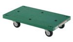 The Vestil Plastic Dolly 30 x 18 in offers a green platform with a textured grid, four black wheels for up to 500 lbs support, and reinforced corners with small black rivets for added durability.