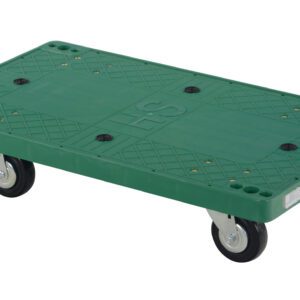 The Vestil Plastic Dolly 30 x 18 in offers a green platform with a textured grid, four black wheels for up to 500 lbs support, and reinforced corners with small black rivets for added durability.