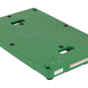 The Vestil Plastic Dolly 33.5 x 21 inches is a green rectangular platform with four wheels, textured surface, and handle cutouts on two sides, labeled on one edge. Its sturdy for transporting up to 500 lbs of heavy items effortlessly.