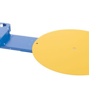 Image of a Vestil Low Profile Powered Carousel 2 In, showcasing a large yellow platform connected to a blue base with an elongated arm and motor.