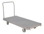 The Vestil Plastic Platform Truck 1 Handle 2K is a gray, rectangular cart featuring four wheels and a vertical handle, ideal for efficiently transporting heavy items.