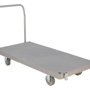 The Vestil Plastic Platform Truck 1 Handle 2K is a gray, rectangular cart featuring four wheels and a vertical handle, ideal for efficiently transporting heavy items.