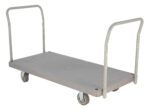 The gray Vestil Plastic Platform Truck 2 Handles 2K includes two vertical handles, four wheels, and a flat metal surface, making it ideal for easy heavy load transport.
