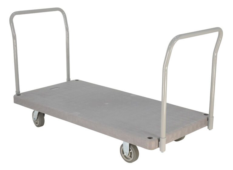PPT-2-42_A.jpg The gray Vestil Plastic Platform Truck 2 Handles 2K includes two vertical handles, four wheels, and a flat metal surface, making it ideal for easy heavy load transport.