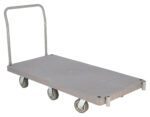 A gray flatbed dolly cart with a metal handle and four wheels, like the Vestil Plastic Platform Truck 1 Handle 3K, provides a robust rectangular platform for easily transporting items.