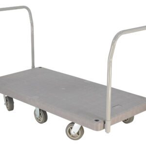 The Vestil Plastic Platform Truck 2 Handles 3K is a gray, four-wheeled cart with dual upright handles and a durable rectangular surface, ideal for transporting heavy loads.