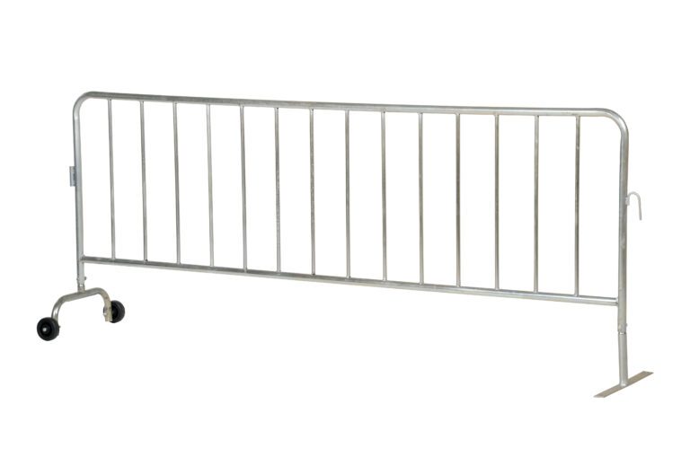 PRAIL-102-G-WF_A.jpg The Vestil Galvanized Barrier W/1 Wheel, 1 Flat is a sleek, freestanding metal crowd control solution with vertical bars and one wheeled end, ideal for efficiently directing pedestrian traffic or creating effective boundaries at events.