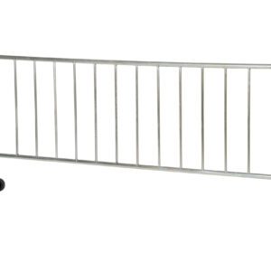 The Vestil Galvanized Barrier W/1 Wheel, 1 Flat is a sleek, freestanding metal crowd control solution with vertical bars and one wheeled end, ideal for efficiently directing pedestrian traffic or creating effective boundaries at events.