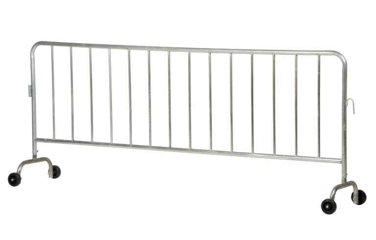PRAIL-102-G-WW_A.jpg The Vestil Galvanized Barrier W/2 Wheels is a metallic crowd control barricade with vertical bars designed for quick setup and mobility, featuring two sturdy wheels that optimize maneuverability for guiding or restricting access at events or construction sites.