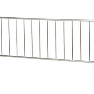The Vestil Galvanized Barrier W/2 Wheels is a metallic crowd control barricade with vertical bars designed for quick setup and mobility, featuring two sturdy wheels that optimize maneuverability for guiding or restricting access at events or construction sites.