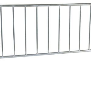 The Vestil Galvanized Barrier W/Curved Feet includes hooks and vertical bars for stability, supported by flat legs, making it perfect for crowd control.