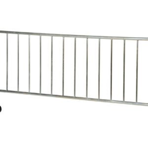 The Vestil Hd Galvanized Barrier W/1 Wheel-1 Curved has vertical bars and two supportive feet, ensuring sturdy crowd control. One foot features a wheel for easy mobility, all shown on a white background.