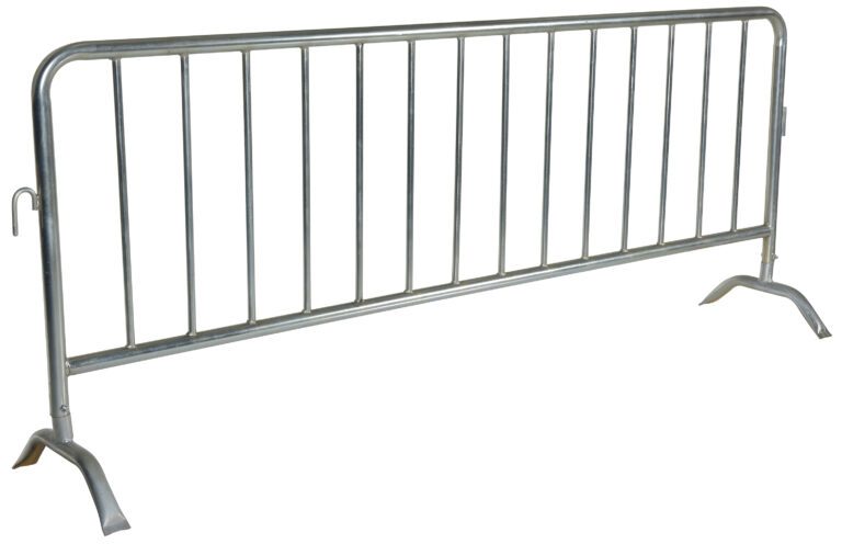 The Vestil Hd Galvanized Barrier W/Curved Feet is a silver metallic crowd control barrier featuring vertical bars and curved legs. Ideal for temporary use at events or construction sites, it efficiently manages pedestrian flow and boosts safety.