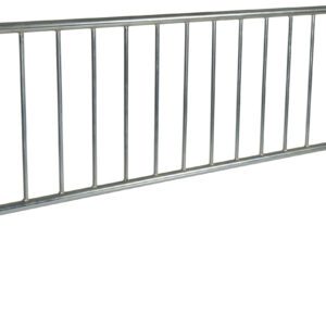 The Vestil Hd Galvanized Barrier W/Curved Feet is a silver metallic crowd control barrier featuring vertical bars and curved legs. Ideal for temporary use at events or construction sites, it efficiently manages pedestrian flow and boosts safety.
