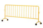The Vestil HD Yellow Barrier features durable metal construction with vertical bars and two wheeled legs for easy mobility, making it perfect for crowd control or delineating restricted areas.
