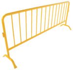 The Vestil Hd Yellow Barrier W/Curved Feet features a durable barricade stand with vertical bars and angled support legs in a sturdy yellow metal, ensuring robust stability and protection.