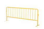 The Vestil Yellow Barrier W/Flat Feet is ideal for crowd control, featuring vertical bars and sturdy flat feet. A hook allows easy chaining of units. Its plain white background makes it functional and unobtrusive.