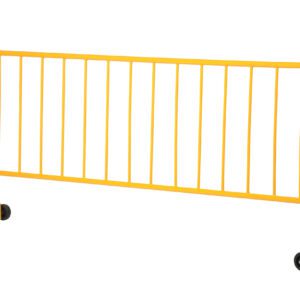 The Vestil Yellow Barrier W/2 Wheels features sturdy vertical bars and two wheels for easy mobility, providing an ideal temporary solution for guiding or restricting movement at indoor and outdoor events, ensuring safety and order with its sleek design.